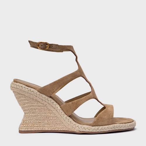 Sandália Triple Tiras Salto Anabela Palha Couro Suede Bege Almond