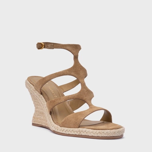 Sandália Triple Tiras Salto Anabela Palha Couro Suede Bege Almond