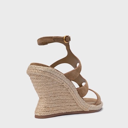Sandália Triple Tiras Salto Anabela Palha Couro Suede Bege Almond