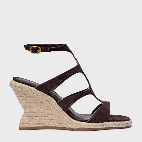 Sandália Triple Tiras Salto Anabela Palha Couro Suede Marrom Ganache