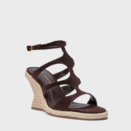 Sandália Triple Tiras Salto Anabela Palha Couro Suede Marrom Ganache