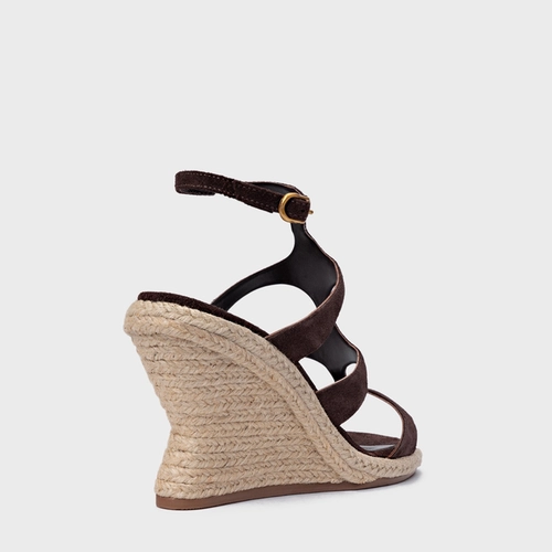 Sandália Triple Tiras Salto Anabela Palha Couro Suede Marrom Ganache