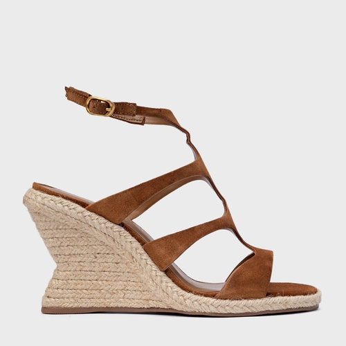 Sandália Triple Tiras Salto Anabela Palha Couro Suede Marrom Saddle