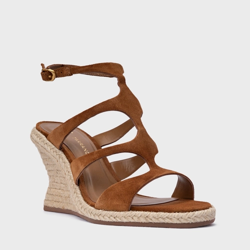 Sandália Triple Tiras Salto Anabela Palha Couro Suede Marrom Saddle
