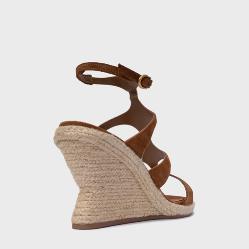 Sandália Triple Tiras Salto Anabela Palha Couro Suede Marrom Saddle