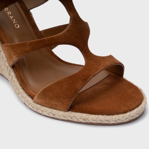 Sandália Triple Tiras Salto Anabela Palha Couro Suede Marrom Saddle