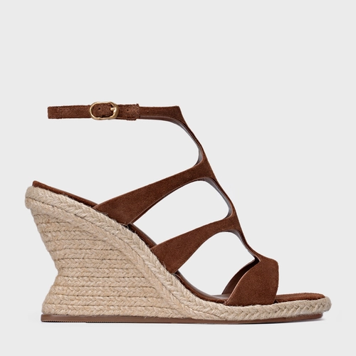 Sandália Triple Tiras Salto Anabela Palha Couro Suede Marrom Walnut