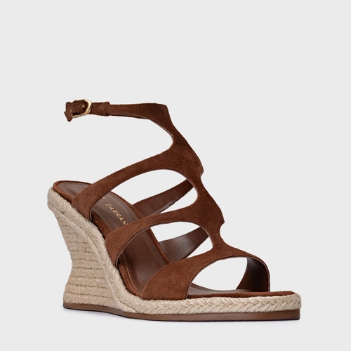 Sandália Triple Tiras Salto Anabela Palha Couro Suede Marrom Walnut