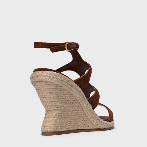 Sandália Triple Tiras Salto Anabela Palha Couro Suede Marrom Walnut