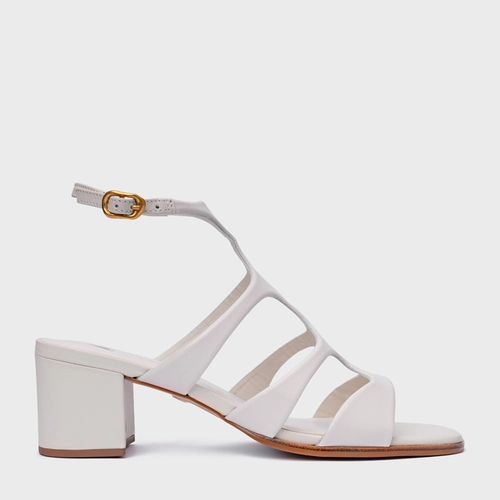 Sandália Triple Tiras Salto Bloco Couro Off White Vanilla