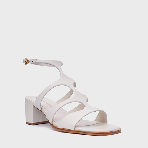 Sandália Triple Tiras Salto Bloco Couro Off White Vanilla