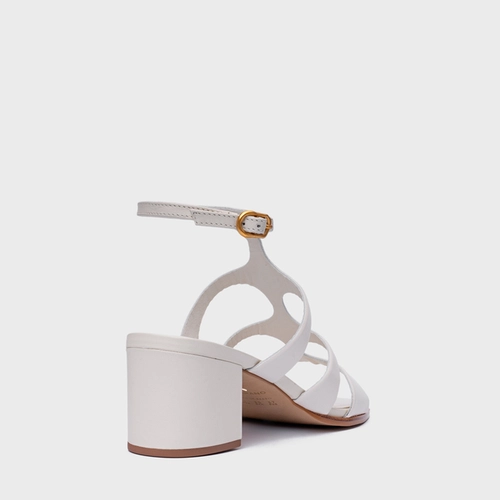 Sandália Triple Tiras Salto Bloco Couro Off White Vanilla