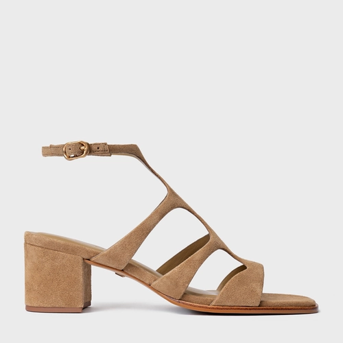 Sandália Triple Tiras Salto Bloco Couro Suede Bege Almond