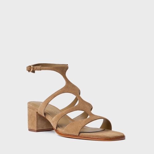 Sandália Triple Tiras Salto Bloco Couro Suede Bege Almond
