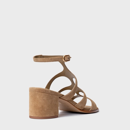 Sandália Triple Tiras Salto Bloco Couro Suede Bege Almond