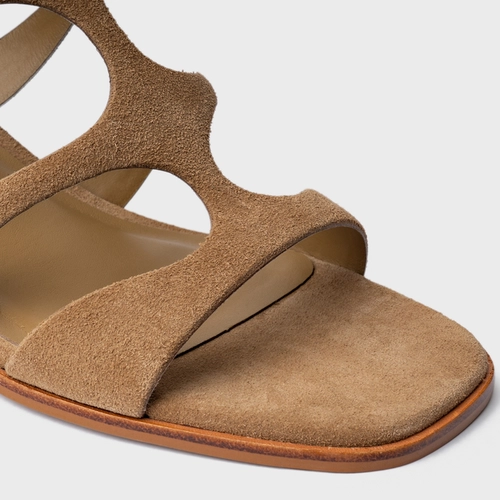 Sandália Triple Tiras Salto Bloco Couro Suede Bege Almond