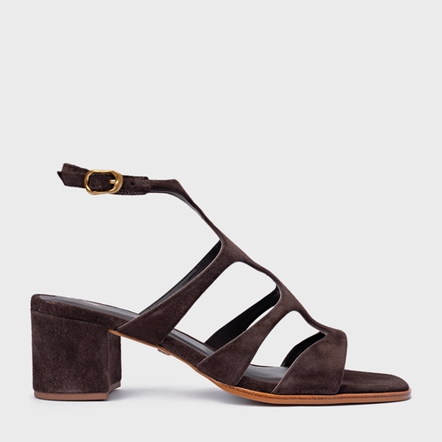 Sandália Triple Tiras Salto Bloco Couro Suede Marrom Ganache