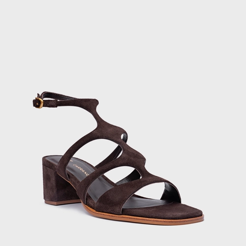 Sandália Triple Tiras Salto Bloco Couro Suede Marrom Ganache