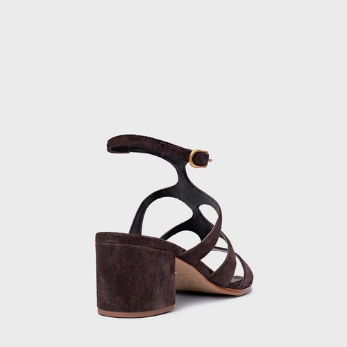 Sandália Triple Tiras Salto Bloco Couro Suede Marrom Ganache