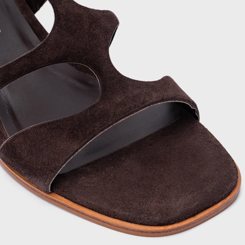 Sandália Triple Tiras Salto Bloco Couro Suede Marrom Ganache