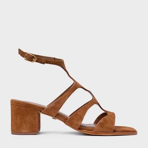Sandália Triple Tiras Salto Bloco Couro Suede Marrom Saddle