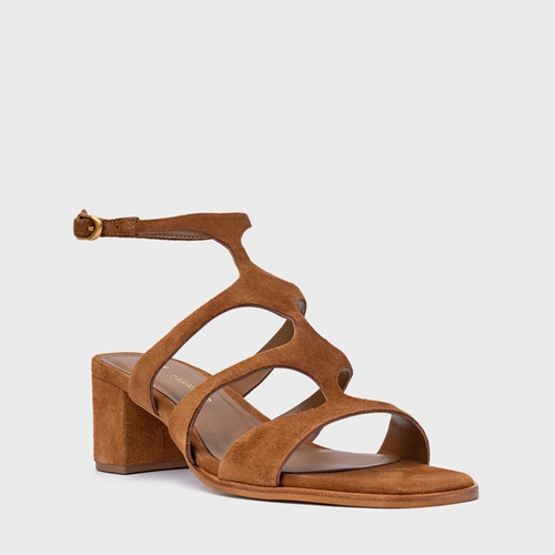 Sandália Triple Tiras Salto Bloco Couro Suede Marrom Saddle