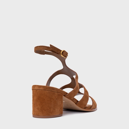 Sandália Triple Tiras Salto Bloco Couro Suede Marrom Saddle