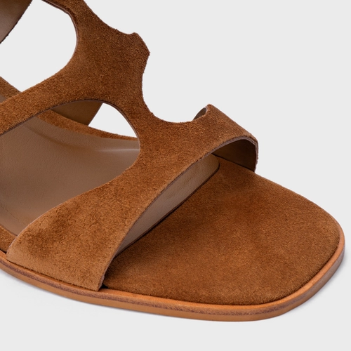 Sandália Triple Tiras Salto Bloco Couro Suede Marrom Saddle