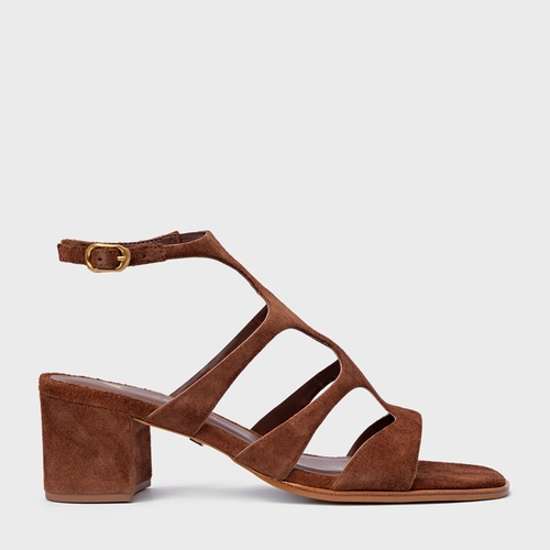 Sandália Triple Tiras Salto Bloco Couro Suede Marrom Walnut