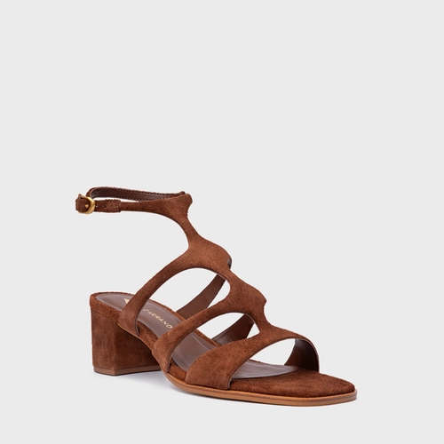 Sandália Triple Tiras Salto Bloco Couro Suede Marrom Walnut