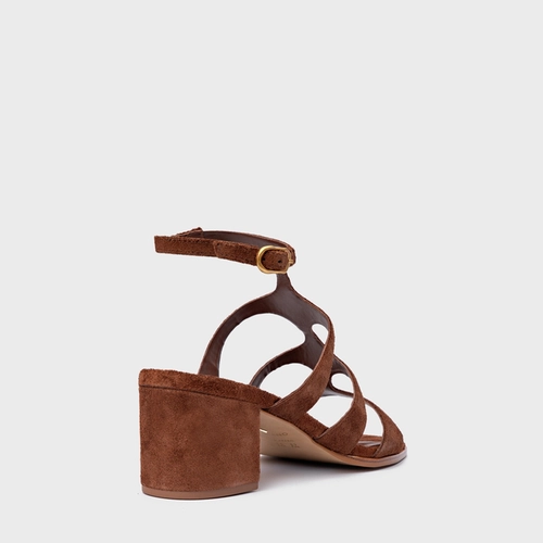Sandália Triple Tiras Salto Bloco Couro Suede Marrom Walnut