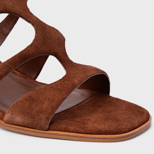 Sandália Triple Tiras Salto Bloco Couro Suede Marrom Walnut