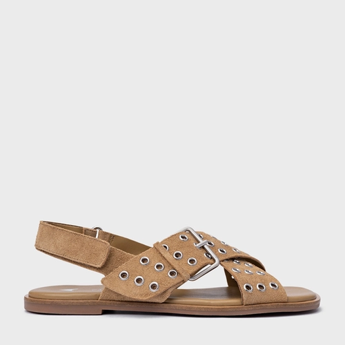 Sandália Rasteira Ilhós Couro Suede Bege Almond