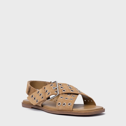 Sandália Rasteira Ilhós Couro Suede Bege Almond