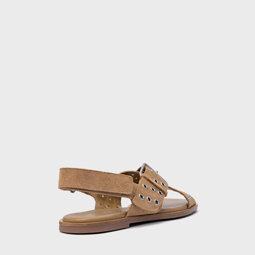 Sandália Rasteira Ilhós Couro Suede Bege Almond