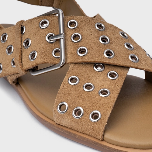 Sandália Rasteira Ilhós Couro Suede Bege Almond