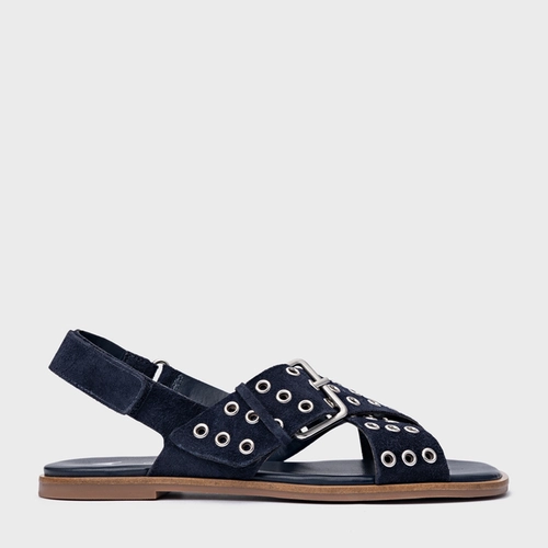 Sandália Rasteira Ilhós Couro Suede Azul Navy