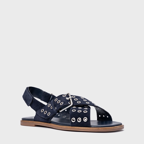 Sandália Rasteira Ilhós Couro Suede Azul Navy