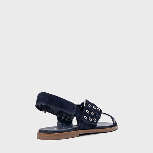 Sandália Rasteira Ilhós Couro Suede Azul Navy