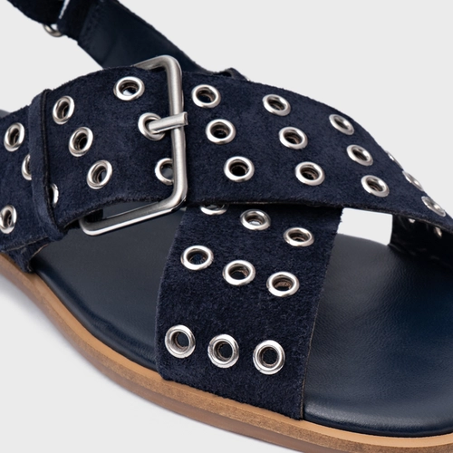 Sandália Rasteira Ilhós Couro Suede Azul Navy