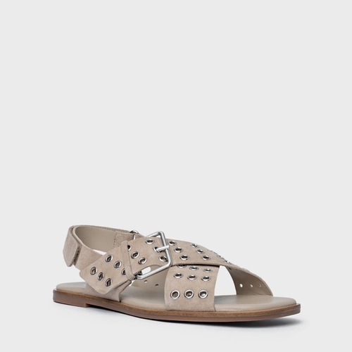 Sandália Rasteira Ilhós Couro Suede Bege Oatmeal