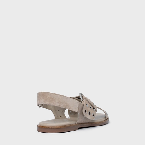Sandália Rasteira Ilhós Couro Suede Bege Oatmeal