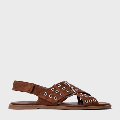 Sandália Rasteira Ilhós Couro Suede Marrom Walnut