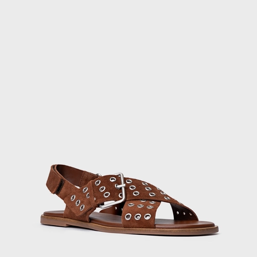 Sandália Rasteira Ilhós Couro Suede Marrom Walnut