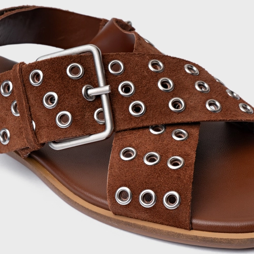Sandália Rasteira Ilhós Couro Suede Marrom Walnut