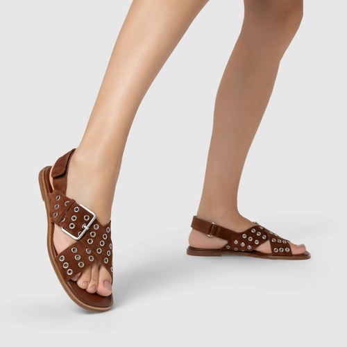 Sandália Rasteira Ilhós Couro Suede Marrom Walnut