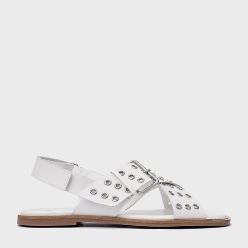 Sandália Rasteira Ilhós Couro Branco Blanc