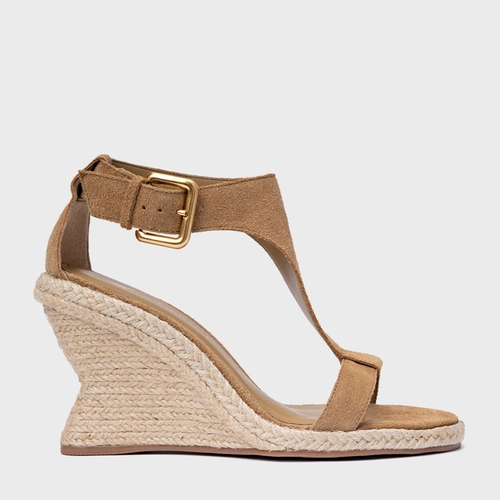Sandália Tira Frontal Salto Anabela Palha Couro Suede Bege Almond