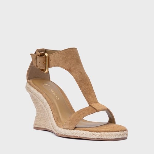Sandália Tira Frontal Salto Anabela Palha Couro Suede Bege Almond