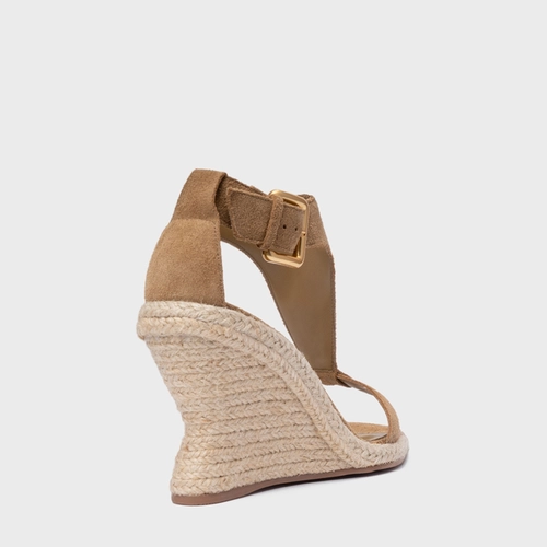 Sandália Tira Frontal Salto Anabela Palha Couro Suede Bege Almond